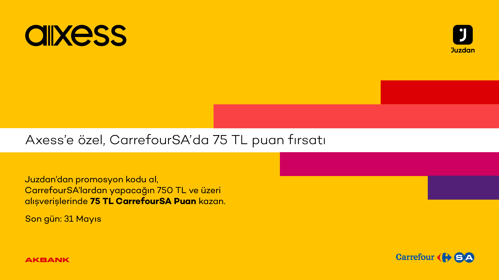 Axess’e özel CarrefourSA’larda 750 TL ve üzeri alışverişlerinize 75 TL CarrefourSA Puan! 