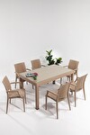 Rattan Large Lüx Camlı Cappucino Masa Takımı Bahçe&balkon 1 Camlı Masa + 6 Sandalye