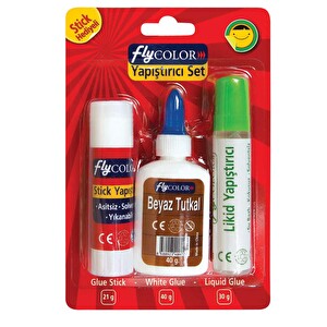 Net Müzik Flynet Stick Yapıştırıcı 21 g + Su Bazlı Likid Yapıştırıcı 30 g+ Beyaz Tutkal 40 g Yapıştırıcı Set -1
