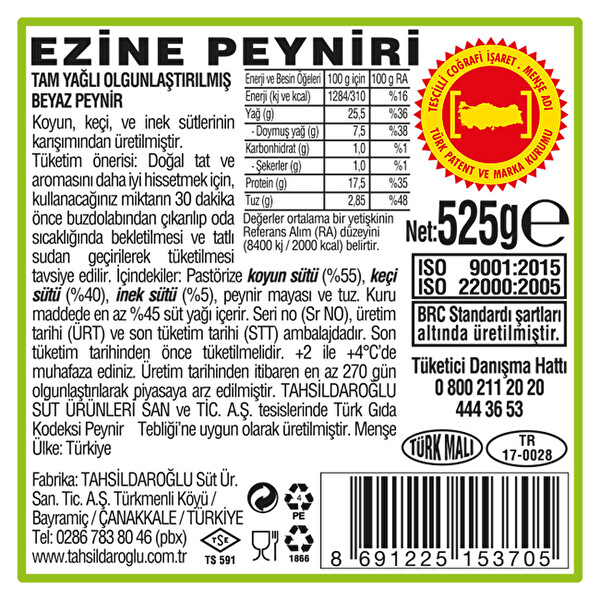 Tahsildaroğlu Dilimli Ezine Peyniri (%55 Koyun, %40 Keçi, %5 İnek) 525 g