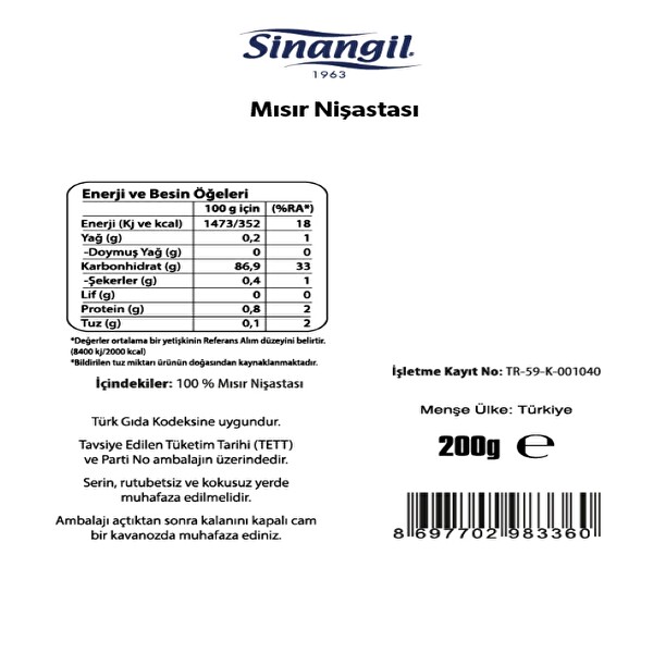 Sinangil Mısır Nişastası 200 g Sinangil Mısır Nişastası 200 g