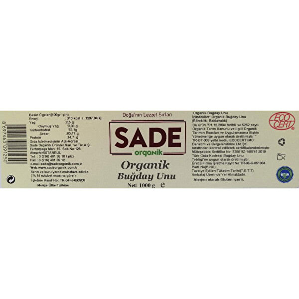 Sade Organik Beyaz Un 1000 g Sade Organik Beyaz Un 1000 g