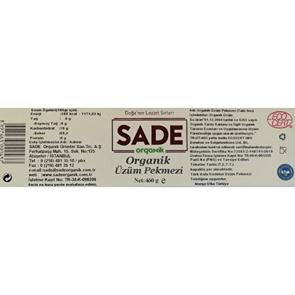 Sade Organik Üzüm Pekmezi 460 g Sade Organik Üzüm Pekmezi 460 g