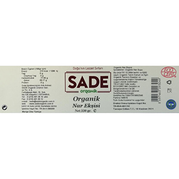 Sade Organik Nar Ekşisi 250 g Sade Organik Nar Ekşisi 250 g