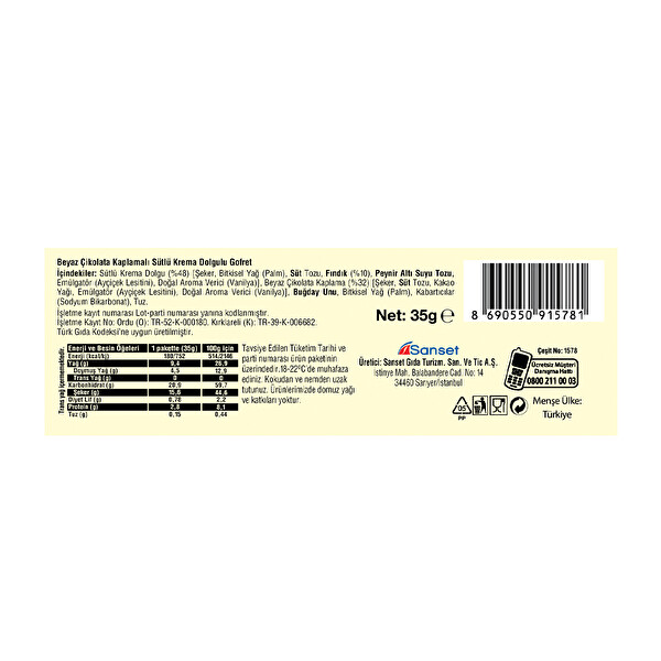 Tadelle Gofret Beyaz 35 g Tadelle Gofret Beyaz 35 g