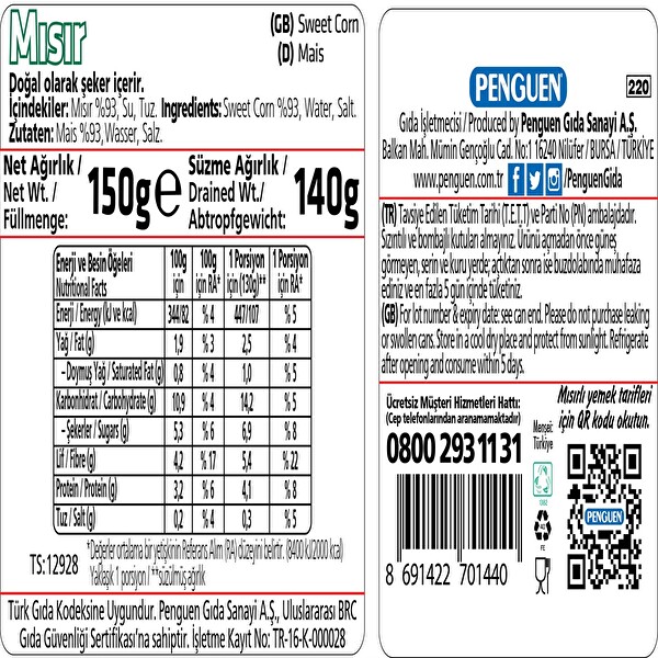 Penguen Konserve Mısır 3 X 220 g Penguen Konserve Mısır 3 X 220 g