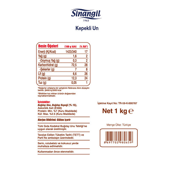 Sinangil Kepekli Un 1 kg Sinangil Kepekli Un 1 kg