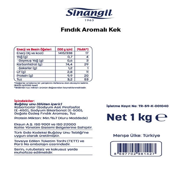 Sinangil Fındıklı Kekun 1 kg Sinangil Fındıklı Kekun 1 kg