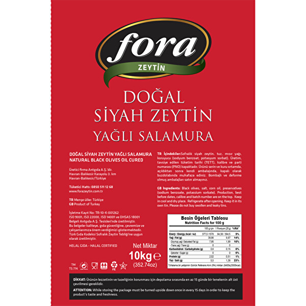 Fora Gemlik Doğal Yağlı Salamura Siyah Zeytin (261-290)kg Fora Gemlik Doğal Yağlı Salamura Siyah Zeytin (261-290)kg