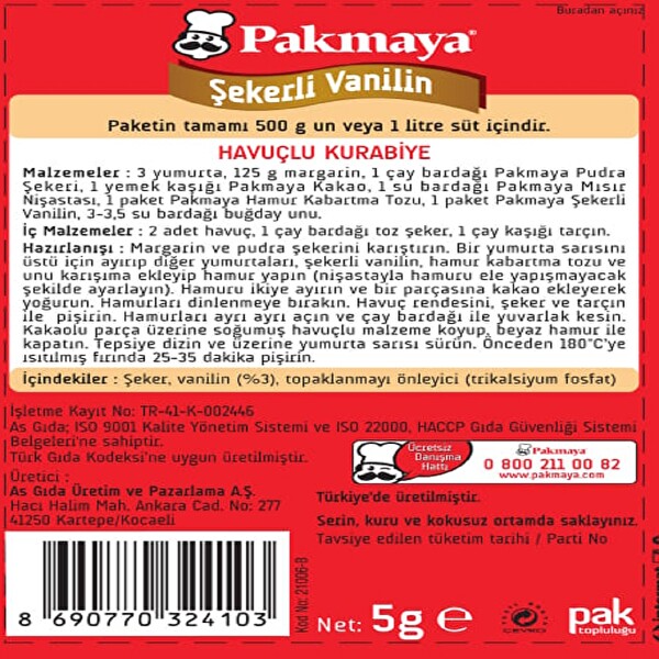 Pakmaya 5'li Şekerli Vanilin Pakmaya 5'li Şekerli Vanilin