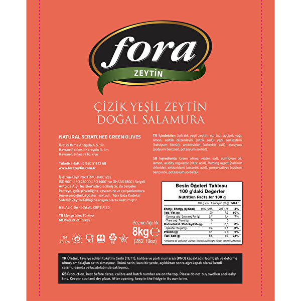 Fora Edremit Doğal Çizik Yeşil Zeytin (231-260) kg Fora Edremit Doğal Çizik Yeşil Zeytin (231-260) kg