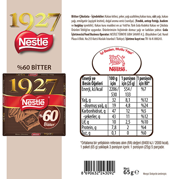 Nestlé 1927 %60 Kakao Bitter Çikolata 65 g Nestlé 1927 %60 Kakao Bitter Çikolata 65 g