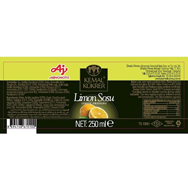 Kemal Kükrer Limon Sosu 250 ml Kemal Kükrer Limon Sosu 250 ml