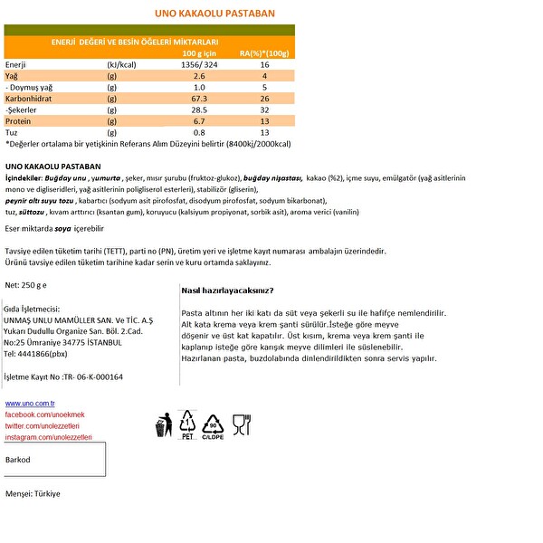 Uno Pastaban Kakaolu 2 Kat 250 g Uno Pastaban Kakaolu 2 Kat 250 g
