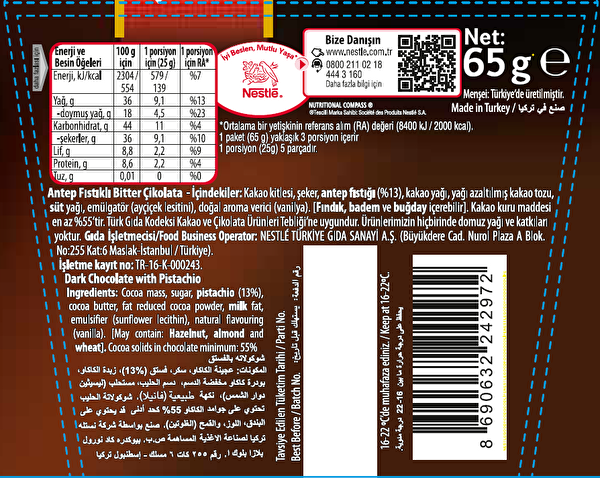 Nestlé Bitter Tablet Fıstıklı 65 g Nestlé Bitter Tablet Fıstıklı 65 g