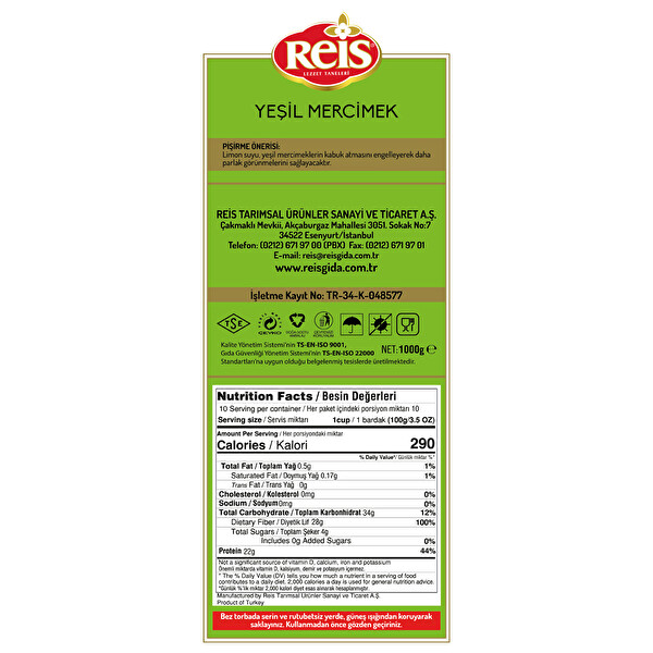 Reis Yeşil Mercimek 1 kg Reis Yeşil Mercimek 1 kg