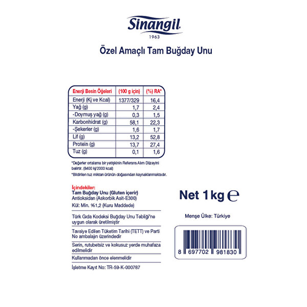 Sinangil Tam Buğday Un 1 kg Sinangil Tam Buğday Un 1 kg