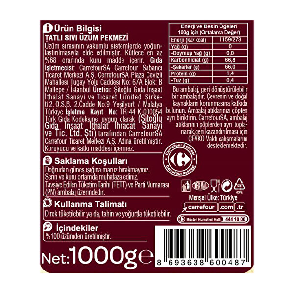 Carrefour Tahin 760 g + Pekmez 1000 g Carrefour Tahin 760 g + Pekmez 1000 g