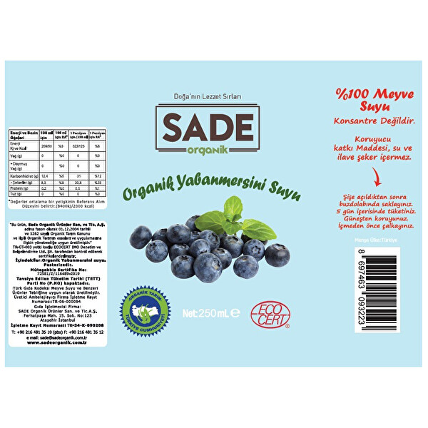 Sade Organik Yaban Mersini Suyu 250 ml Sade Organik Yaban Mersini Suyu 250 ml