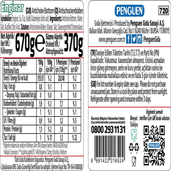Penguen Enginar 670 g Penguen Enginar 670 g