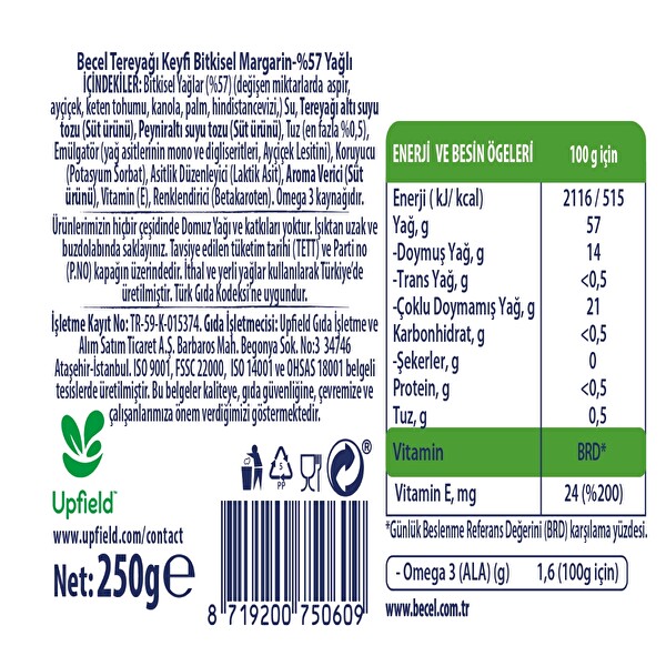Becel Tereyağ Keyfi Kase Margarin 250 g Becel Tereyağ Keyfi Kase Margarin 250 g
