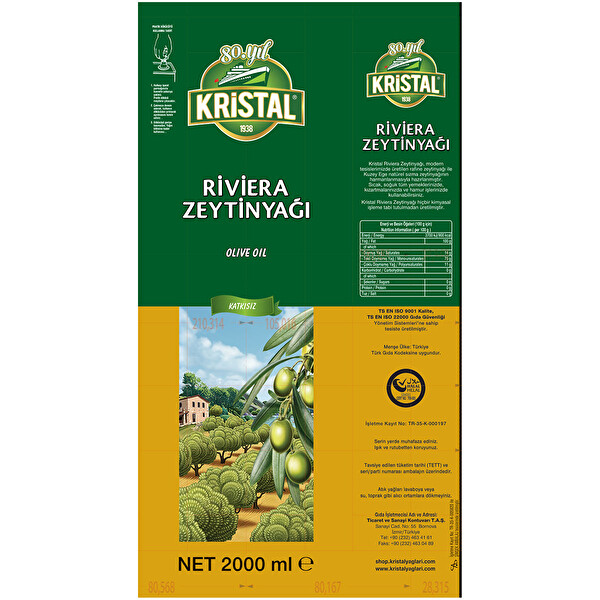 Kristal Riviera Zeytinyağı 2 lt Teneke Kristal Riviera Zeytinyağı 2 lt Teneke