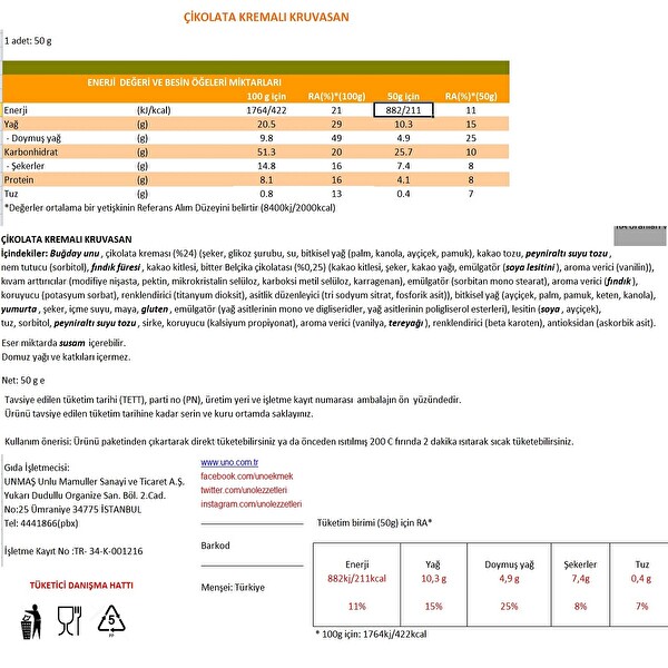 Uno Çikolata Kremalı Kruvasan Tekli 50 g Uno Çikolata Kremalı Kruvasan Tekli 50 g