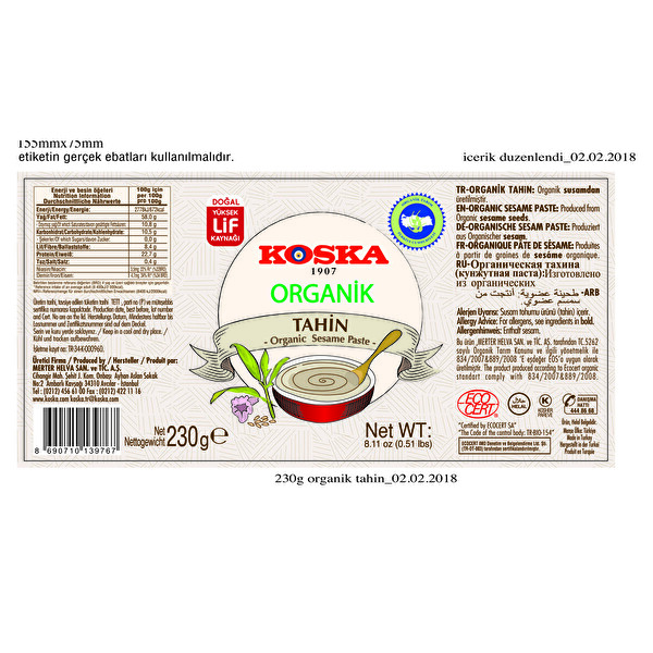 Koska Organik Tahin 230 g Koska Organik Tahin 230 g