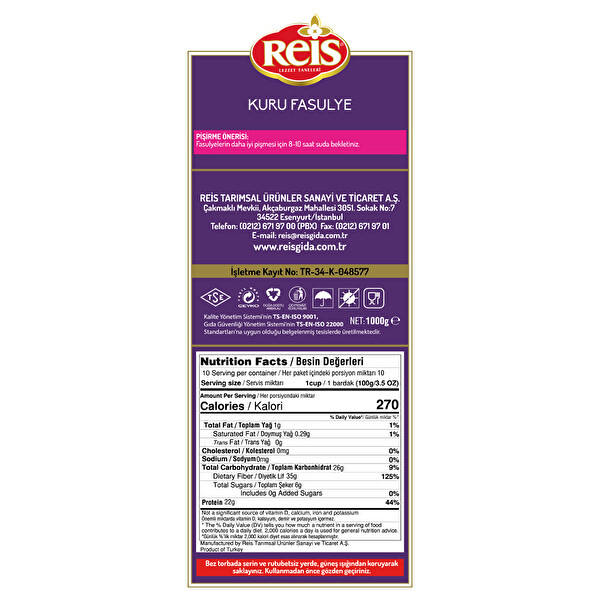 Reis Kuru Fasülye 1 kg Reis Kuru Fasülye 1 kg