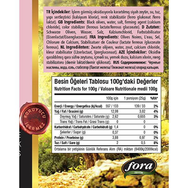 Fora Light Siyah Zeytin 1/1 (Tnk) 430 g Fora Light Siyah Zeytin 1/1 (Tnk) 430 g