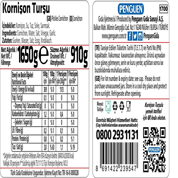 Penguen Türk Tipi Salatalık Turşusu 1650 g Penguen Türk Tipi Salatalık Turşusu 1650 g
