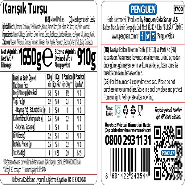 Penguen Karışık Turşu 1650 g Penguen Karışık Turşu 1650 g