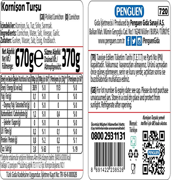 Penguen Türk Tipi Kornişon Turşu 670 g Penguen Türk Tipi Kornişon Turşu 670 g