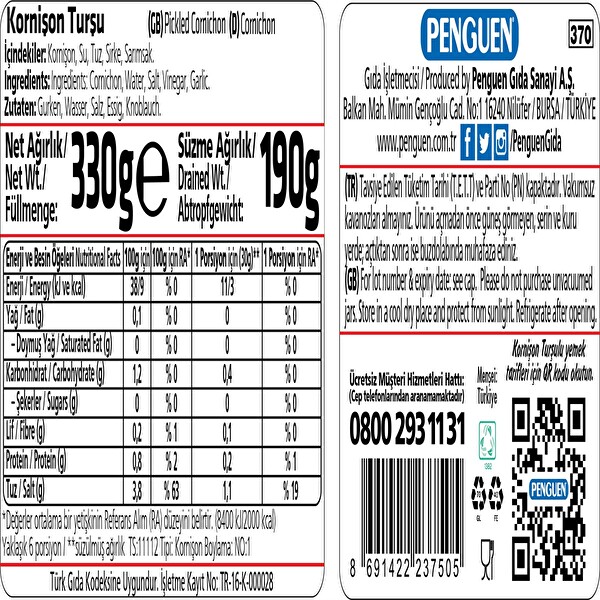 Penguen Türk Tipi Kornişon Turşu 330 g Penguen Türk Tipi Kornişon Turşu 330 g