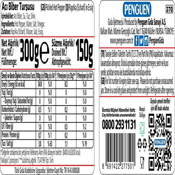 Penguen Acı Biber Turşusu 300 g Penguen Acı Biber Turşusu 300 g