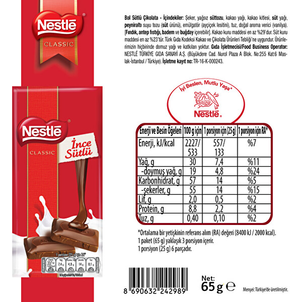 Nestlé Classic Sütlü Tablet 65 g Nestlé Classic Sütlü Tablet 65 g