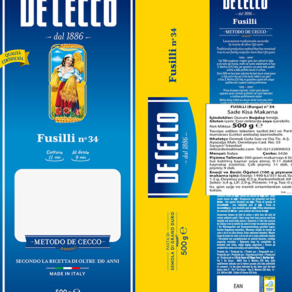 De Cecco Fusilli Makarna 500 g De Cecco Fusilli Makarna 500 g
