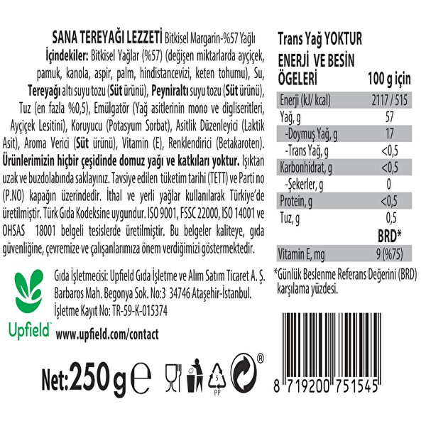 Sana Kase Margarin Tereyağı Lezzeti 250 g Sana Kase Margarin Tereyağı Lezzeti 250 g