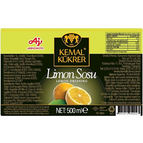 Kemal Kükrer Limon Sos 500 ml Kemal Kükrer Limon Sos 500 ml