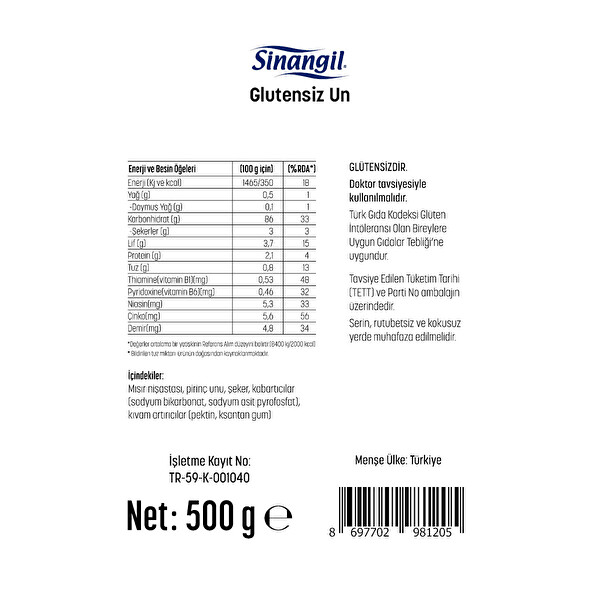 Sinangil Glutensiz Un 500 g Sinangil Glutensiz Un 500 g