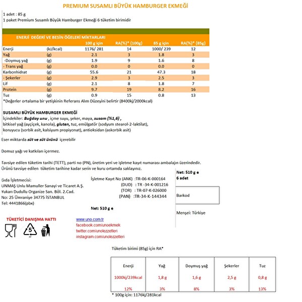 Uno Premium Susamlı Büyük Hamburger 6'lı 510 g Uno Premium Susamlı Büyük Hamburger 6'lı 510 g