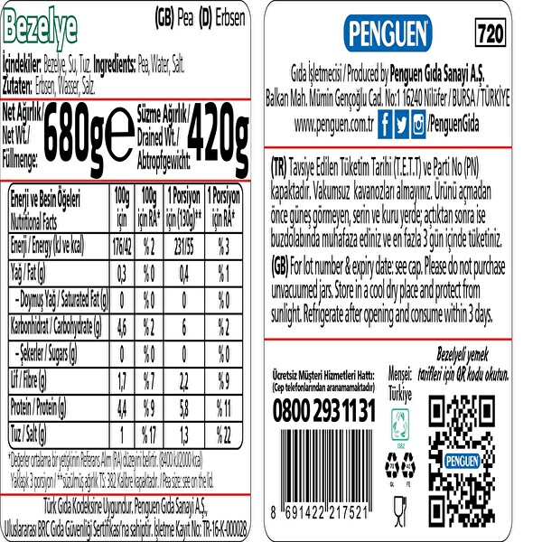 Penguen Bezelye Cam Kavanoz 680 g Penguen Bezelye Cam Kavanoz 680 g