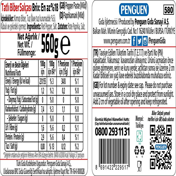 Penguen Tatlı Biber Salçası 560 g Penguen Tatlı Biber Salçası 560 g