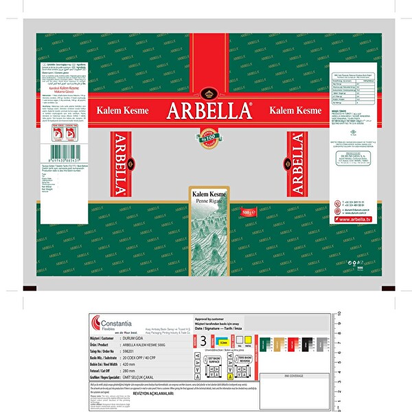 Arbella Kalem Kesme Makarna 500 g Arbella Kalem Kesme Makarna 500 g