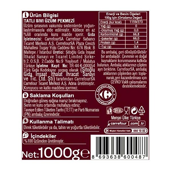 Carrefour Üzüm Pekmezi 1 kg Carrefour Üzüm Pekmezi 1 kg