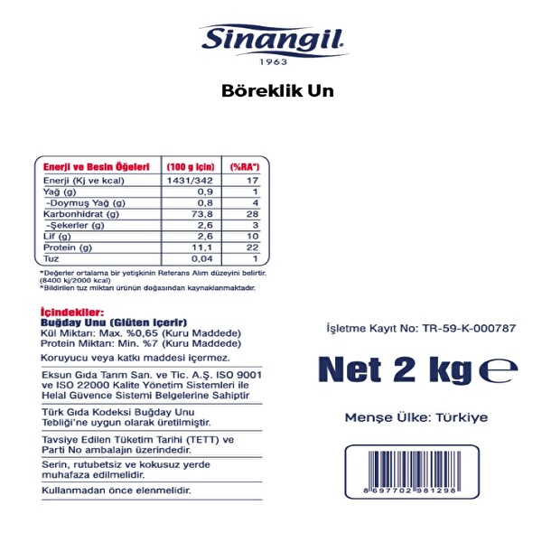 Sinangil Böreklik Un 2 kg Sinangil Böreklik Un 2 kg