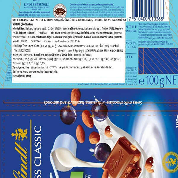Lindt Milk Raisin H.Nut-Üzm.Bad.Çik.100 g Lindt Milk Raisin H.Nut-Üzm.Bad.Çik.100 g