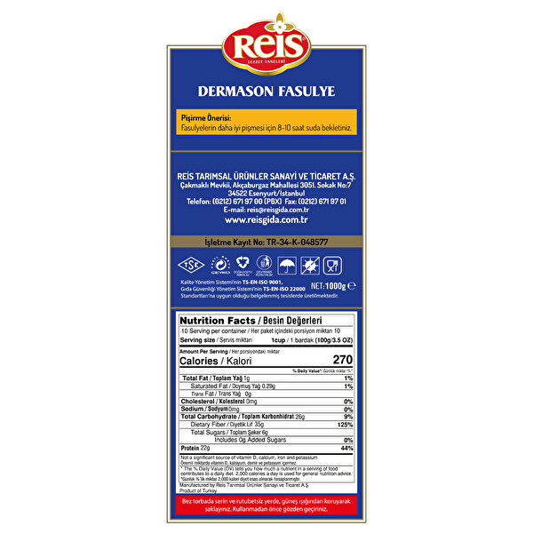 Reis Dermason Fasülye 1000 g Reis Dermason Fasülye 1000 g