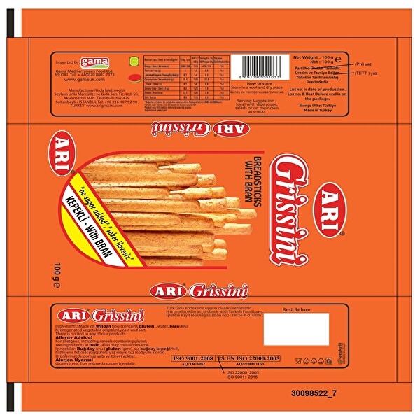 Arı Grissini Kepekli 100 g Arı Grissini Kepekli 100 g