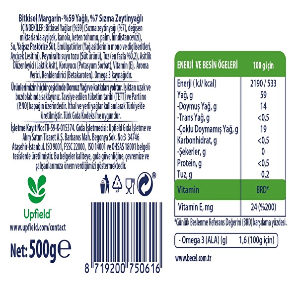 Becel Zeytinyağlı Kase Margarin 500 g Becel Zeytinyağlı Kase Margarin 500 g